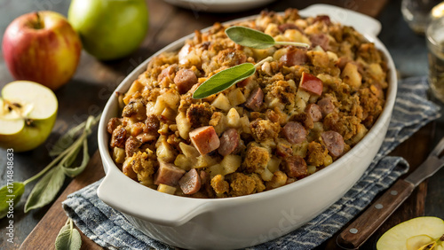 Thanksgiving Food - Apple and Sausage Stuffing. Made with sausage, tart apples, and fresh sage.