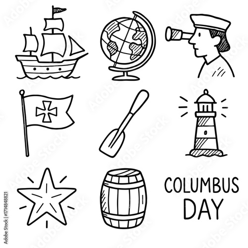 Columbus Day vector set isolated with ship, globe, and lighthouse  