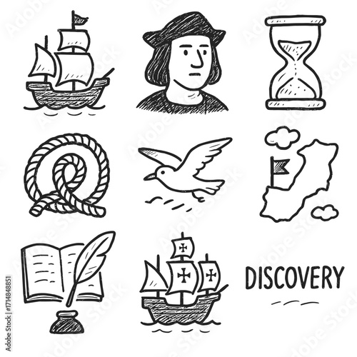 Columbus Day vector set isolated with sailing ships and discovery symbols  