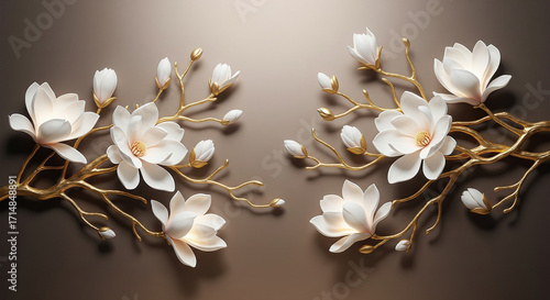 Magnolia Blossom Abstract Golden Mural