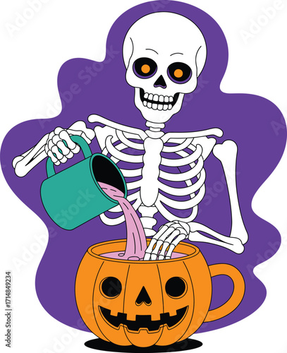 Skeleton pouring pink liquid into a jack o lantern
