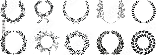 Laurel wreath collection vector set. Classic Roman Greek victory laurel branches, black olive leaf garlands, award emblem elements, elegant prestige heraldic symbol bundle for logo badge label design