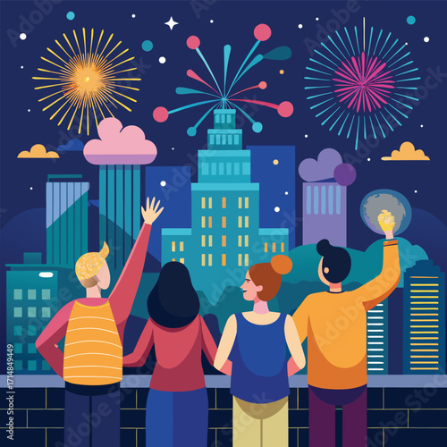 Friends Enjoying Urban Fireworks Display