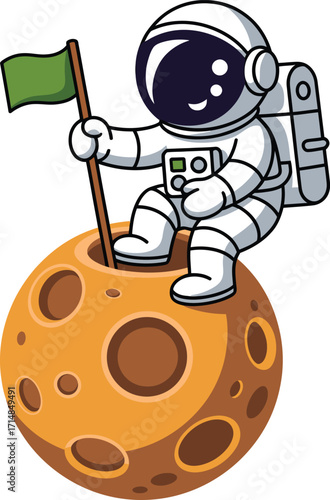 Cartoon astronaut sitting on a cratered orange planet holding a green flag