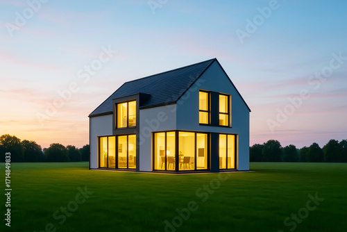 Stunning modern home glows warmly at twilight hour