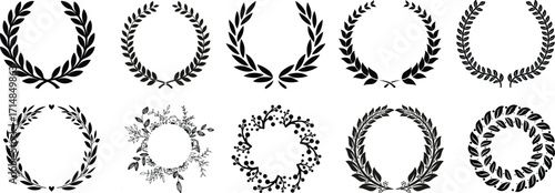 Laurel wreath collection vector set. Classic Roman Greek victory laurel branches, black olive leaf garlands, award emblem elements, elegant prestige heraldic symbol bundle for logo badge label design
