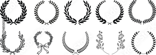 Laurel wreath collection vector set. Classic Roman Greek victory laurel branches, black olive leaf garlands, award emblem elements, elegant prestige heraldic symbol bundle for logo badge label design