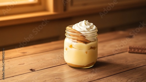Delicious banana pudding in a mason jar topped with whipped cream on a wooden table near a window pudding