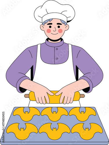 Chef rolling dough for bat shaped cookies on baking sheet