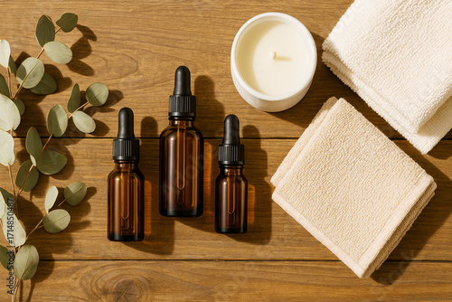 Aromatherapy bliss with essential oils, candle, and soft towels