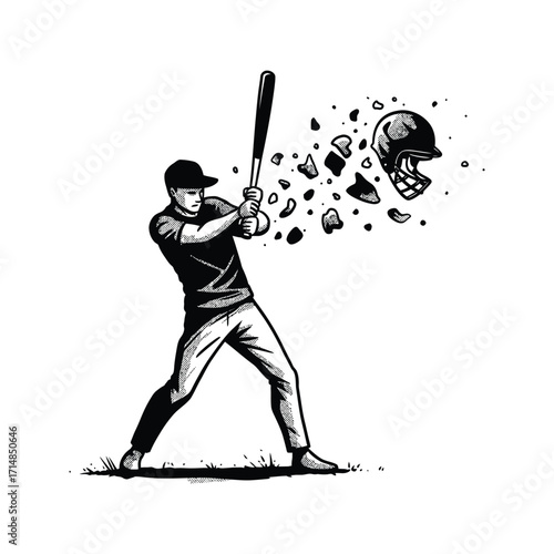 Baseball Player Smashing Helmet Black and White Illustration Vintage Sports Graphic Powerful Swing Destroyed Equipment
