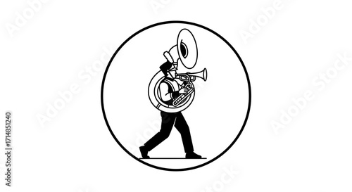 Marching band person playing a tuba. Silhouette of a musician playing a sousaphone icon editable vector illustration. Marching tuba school trumpet. 