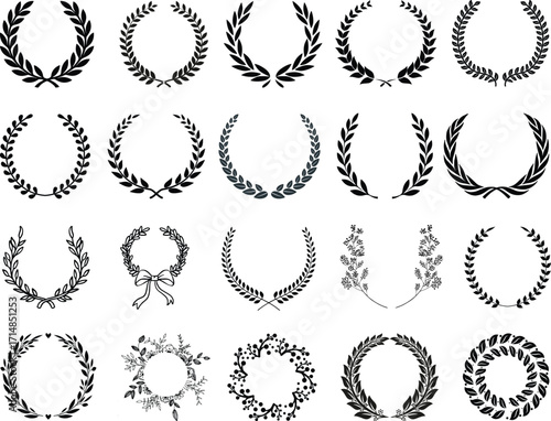 Laurel wreath collection vector set. Classic Roman Greek victory laurel branches, black olive leaf garlands, award emblem elements, elegant prestige heraldic symbol bundle for logo badge label design