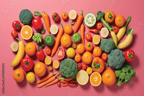 Colorful assortment of fresh fruits and vegetables including oranges, tomatoes, peppers, bananas, broccoli, and carrots arranged in a vibrant display.