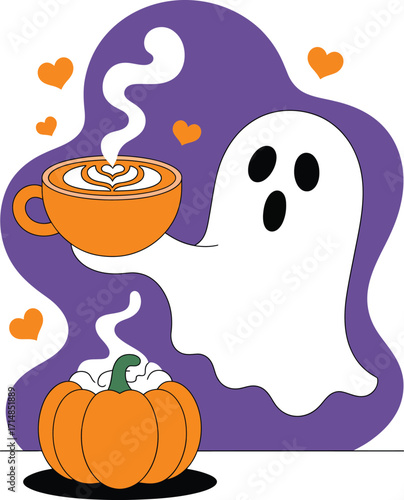 Ghost holding coffee cup near pumpkin with hearts halloween