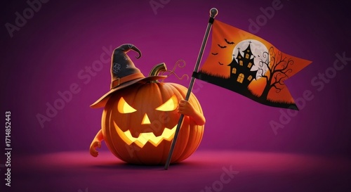 Spooky halloween pumpkin character holding a flag with haunted house