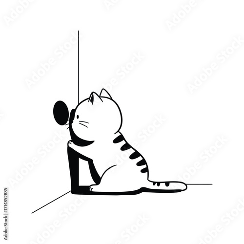 Cute Cartoon Cat Sitting in Corner Illustration Black and White Line Art Pet Animal Graphic