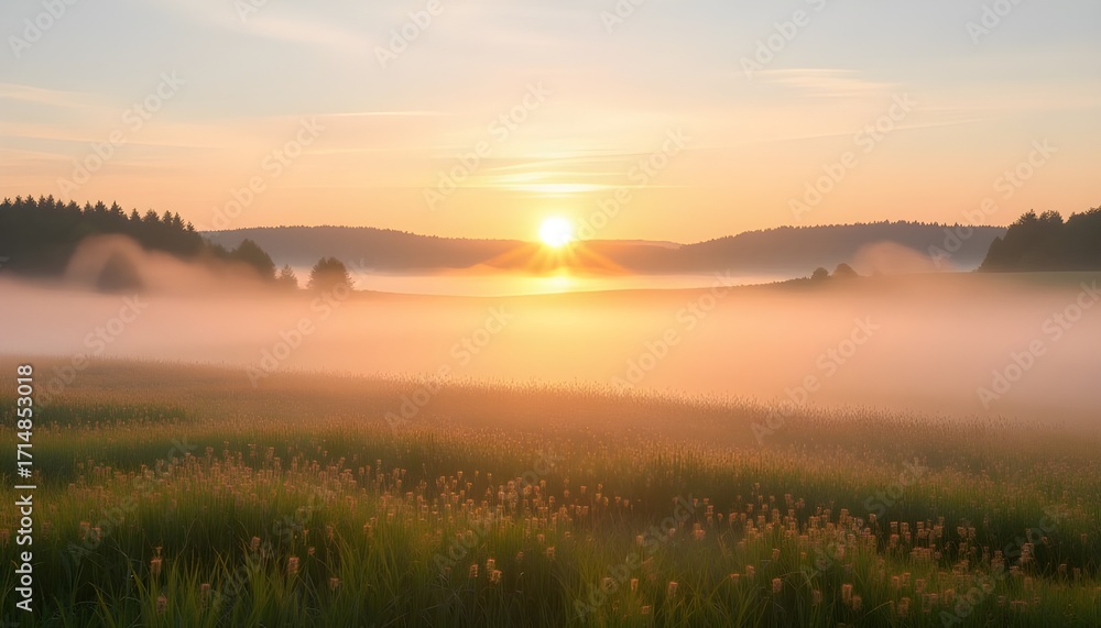 Fototapeta premium Foggy Meadow at Sunrise Glow