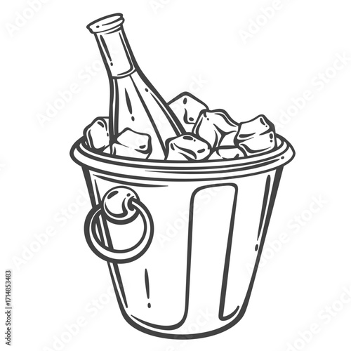 Wine bottle chilling in an ice bucket filled with cubes. Vintage doodle outline vector illustration for restaurant design, menu, label, bar decor, or wine tasting even