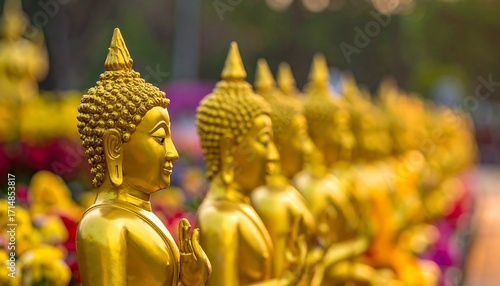 Golden Buddha statues in a row