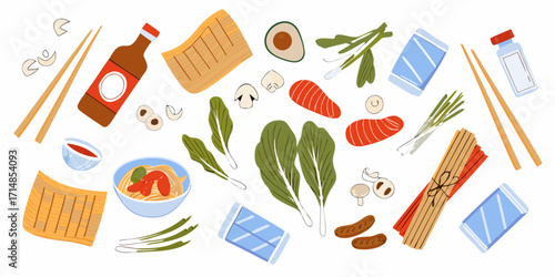 A colorful flat-style illustration of Asian cooking items. Healthy eating concept. Vector illustration.
