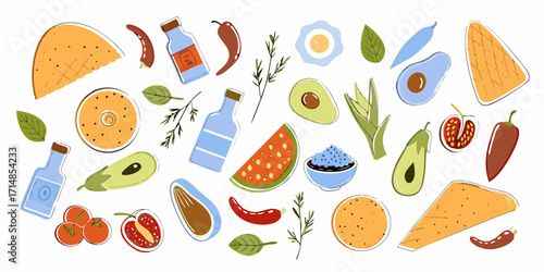 A colorful flat-style illustration of Mexican ingredients. Healthy eating concept. Vector illustration.