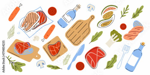 A colorful flat-style illustration of raw meat products . Healthy eating concept. Vector illustration.