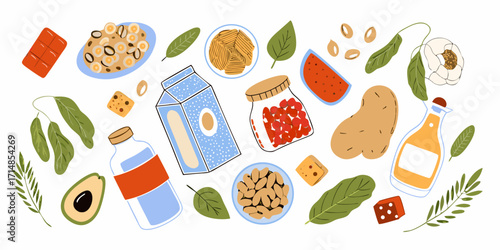 A colorful flat-style illustration of vegan pantry items. Healthy eating concept. Vector illustration.