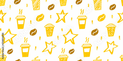 A seamless horizontal pattern of hand-drawn café elements on a white background, doodle crayon sketch pattern.