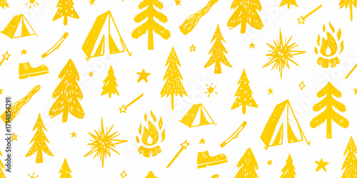A seamless horizontal pattern of hand-drawn camping and outdoor elements on a white background, doodle crayon sketch pattern.