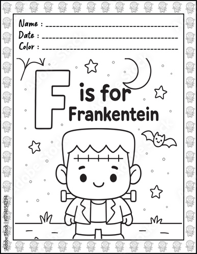 Halloween ABC Alphabet Coloring Page with Cute Animals for Adults and Kid. High resolution (300 DPI), Ready to print on standard 8.5x11-(A4) inch paper With (No Bleed), Black and White. Vector 