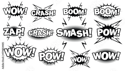Comic Book Sound Effects - Collection of vintage comic book speech bubbles and sound effects, Classic black and white comic book sound effects exclamations starburst vector illustration