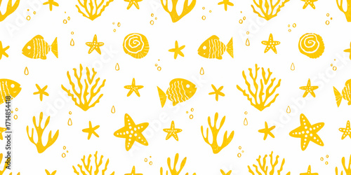A seamless horizontal pattern of hand-drawn underwater elements on a white background, doodle crayon sketch pattern.