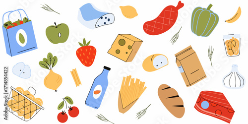 Grocery products in supermarket packages. Healthy eating concept. Vector illustration.