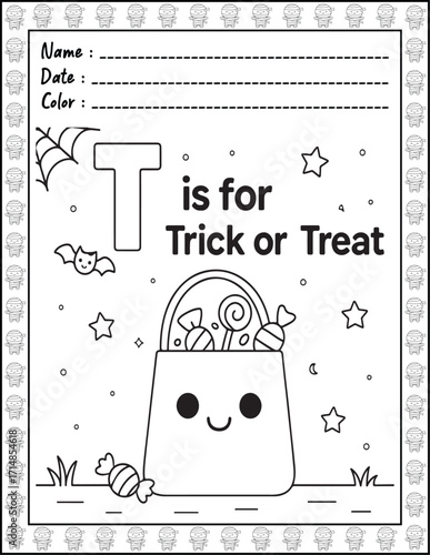 Halloween ABC Alphabet Coloring Page with Cute Animals for Adults and Kid. High resolution (300 DPI), Ready to print on standard 8.5x11-(A4) inch paper With (No Bleed), Black and White. Vector 