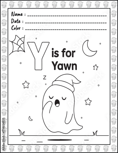 Halloween ABC Alphabet Coloring Page with Cute Animals for Adults and Kid. High resolution (300 DPI), Ready to print on standard 8.5x11-(A4) inch paper With (No Bleed), Black and White. Vector 