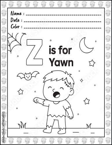 Halloween ABC Alphabet Coloring Page with Cute Animals for Adults and Kid. High resolution (300 DPI), Ready to print on standard 8.5x11-(A4) inch paper With (No Bleed), Black and White. Vector 