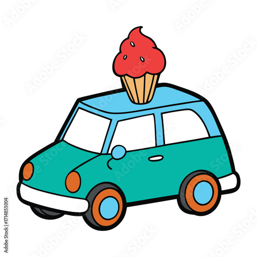 A cheerful cartoon ice cream man drives his colorful van, serving sweet treats with a smile, surrounded by joy, summer vibes, and playful, tasty delights.
