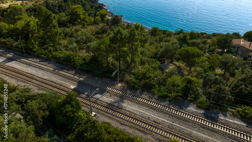 Aerial view of train tracks overlooking the sea. Coastal railway line in Italy.