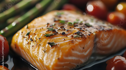 Close up of salmon fillet with herbs and spices served with asparagus and cherry tomatoes on a plate