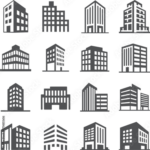 Building silhouette icons, urban architecture, black and white structures, commercial buildings, vector design, cityscape elements, office towers, apartment blocks, isolated shapes