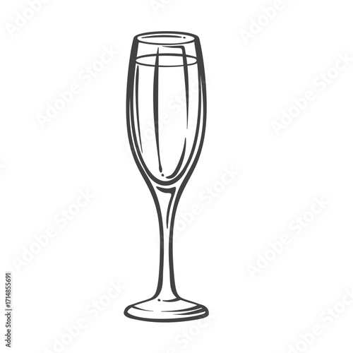 Tall narrow champagne flute with slender stem and clean outline, drawn in classic engraving style. Outline vector illustration for celebration design, bar menu, wine label, or festive decor.