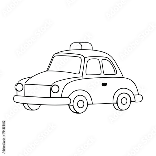 A fun cartoon taxi coloring page featuring a cheerful cab with big wheels and a friendly face, ready for kids to color and bring it to life with bright shades.
