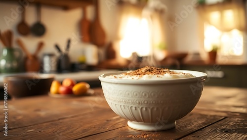 A bowl of rice pudding on a wooden table in a rustic kitchen with warm light shining through the window pudding