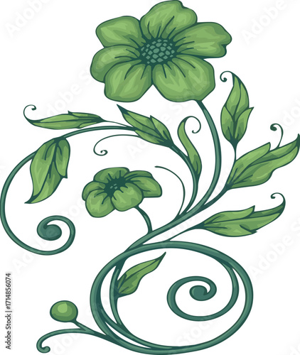 Green floral vine with two flowers and swirling tendrils plant