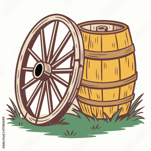 Old wooden wagon wheel beside a rustic barrel with green grass ground