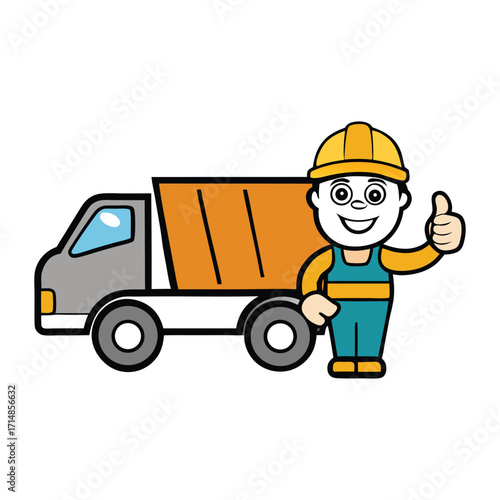 A cheerful dump truck driver gives a thumbs-up, wearing a hard hat and safety vest, ready to tackle heavy loads with a smile and positive energy on the job site.
