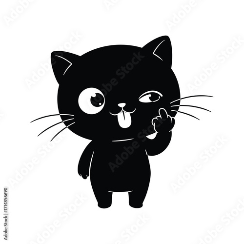 Playful Black Cat Cartoon Illustration Winking Tongue Out and Giving the Finger