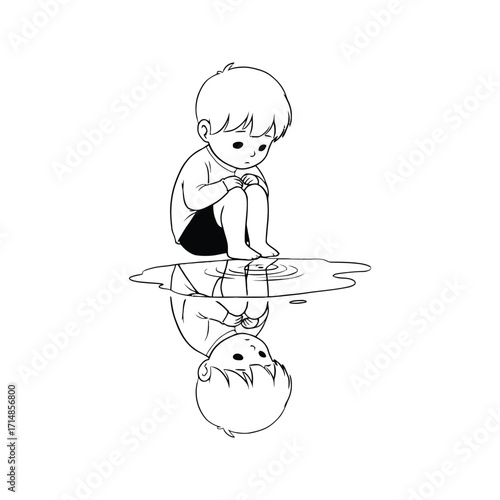 Sad Boy Sitting by Water Reflection Line Art Black and White Illustration Emotional Child Depression Loneliness Inner Turmoil Mental Health  Child Psychology