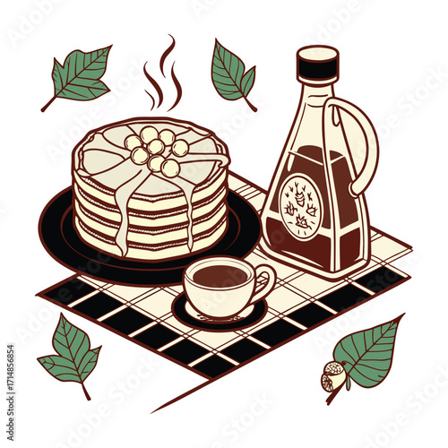 Delicious stack of pancakes with maple syrup and coffee morning breakfast scene